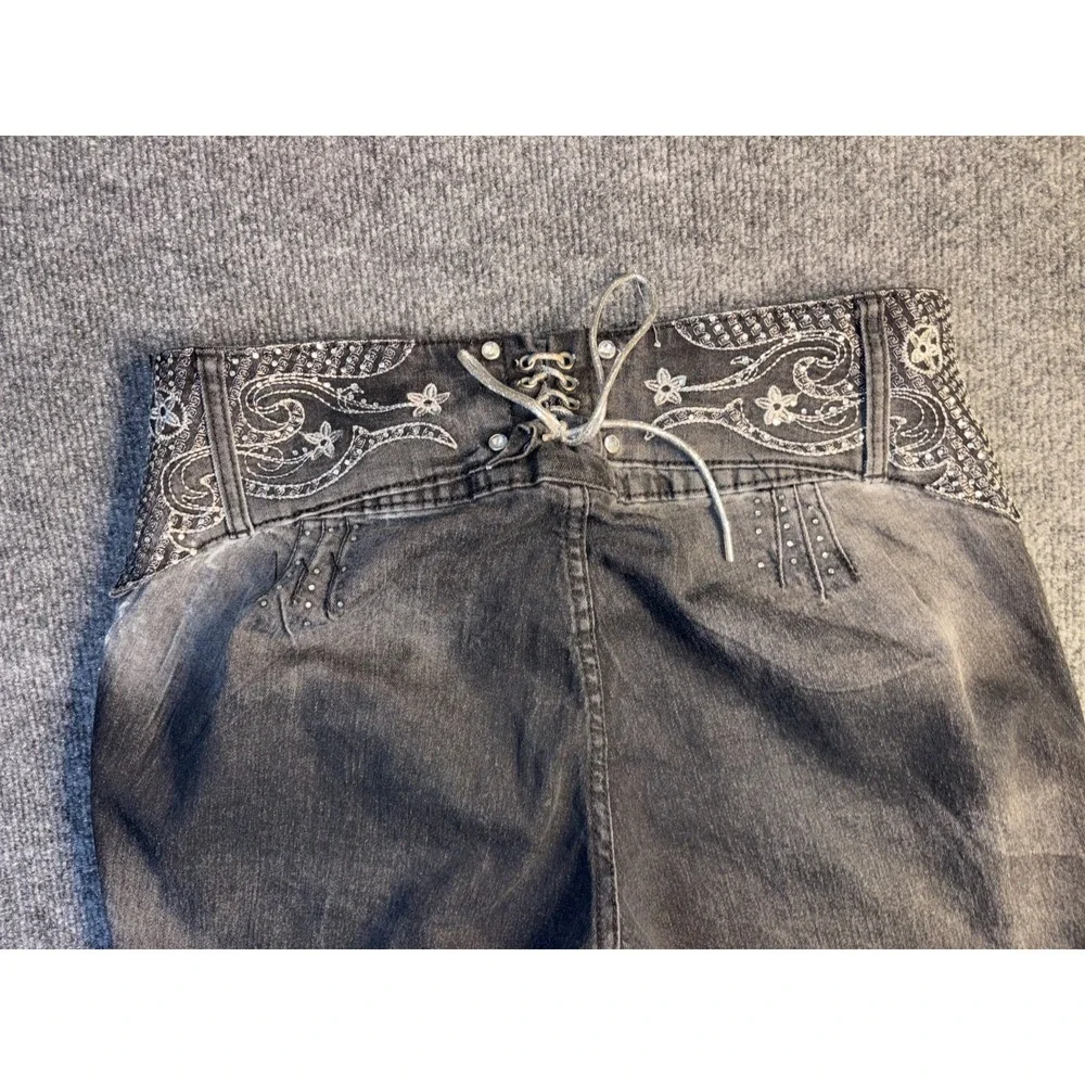 SAZA Skinny Jeans Womens 17 Gray Rhinestone Embellished Lace Up Back Button Fly‎